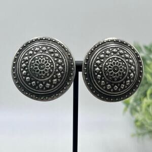 Ben Amun Vintage Silver Tone Textured Dome‎ Round Clip On Earrings